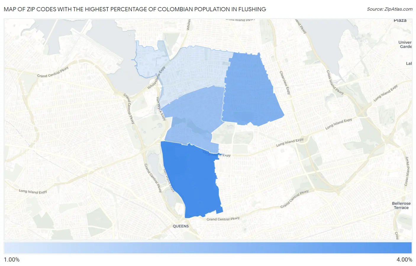 Zip Codes with the Highest Percentage of Colombian Population in Flushing Map