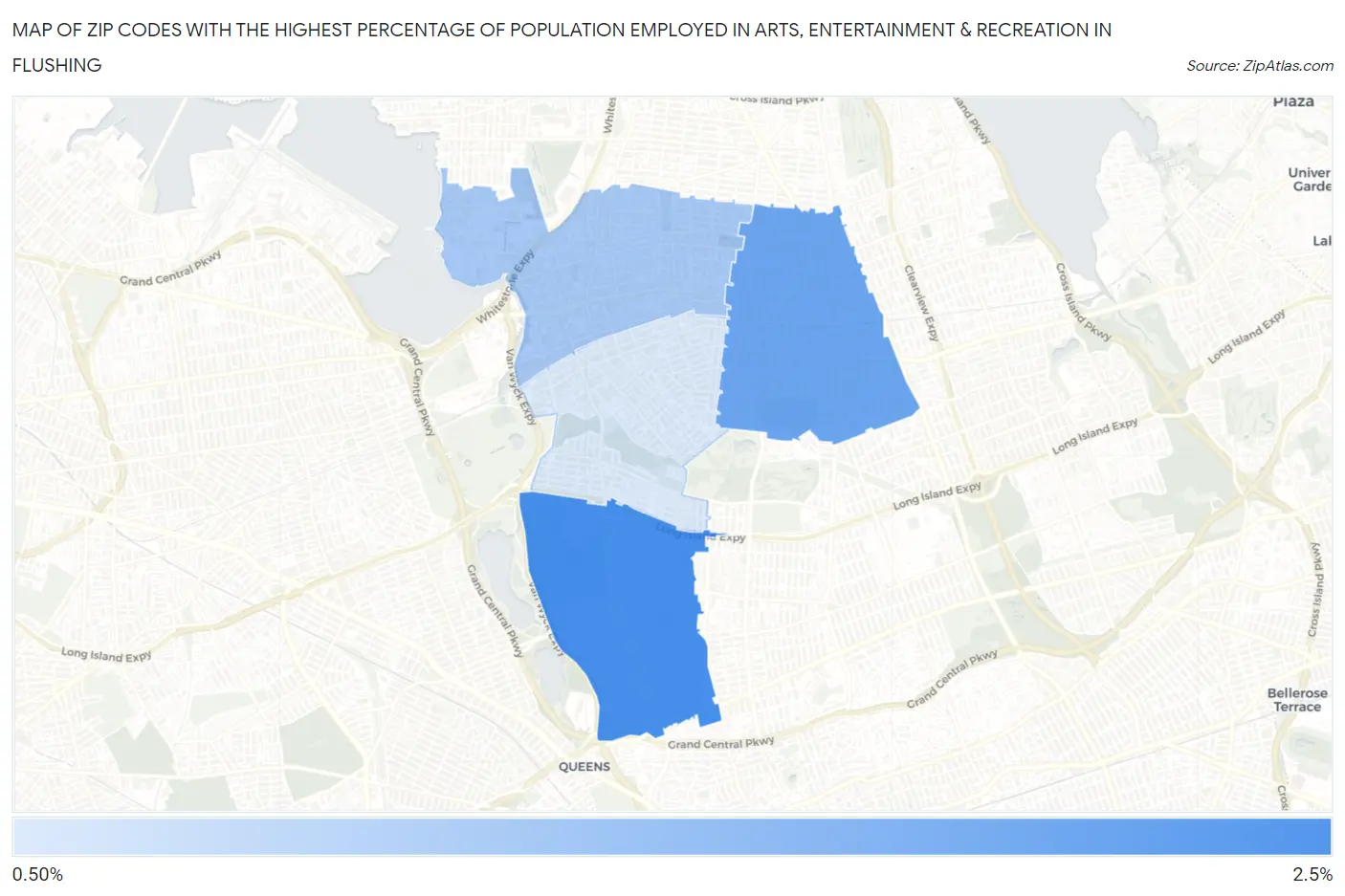 Zip Codes with the Highest Percentage of Population Employed in Arts, Entertainment & Recreation in Flushing Map