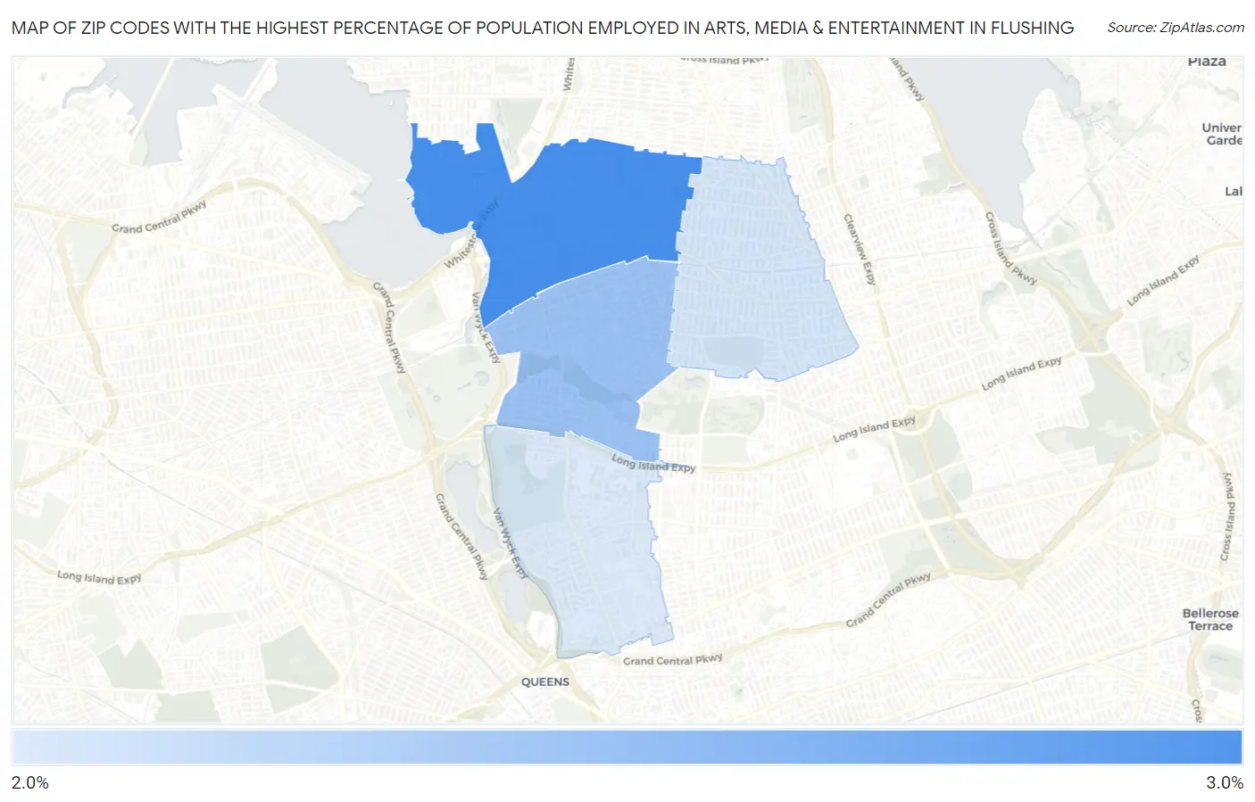Zip Codes with the Highest Percentage of Population Employed in Arts, Media & Entertainment in Flushing Map
