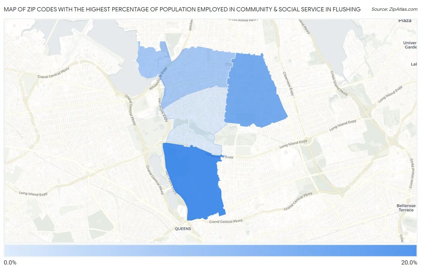 Zip Codes with the Highest Percentage of Population Employed in Community & Social Service  in Flushing Map