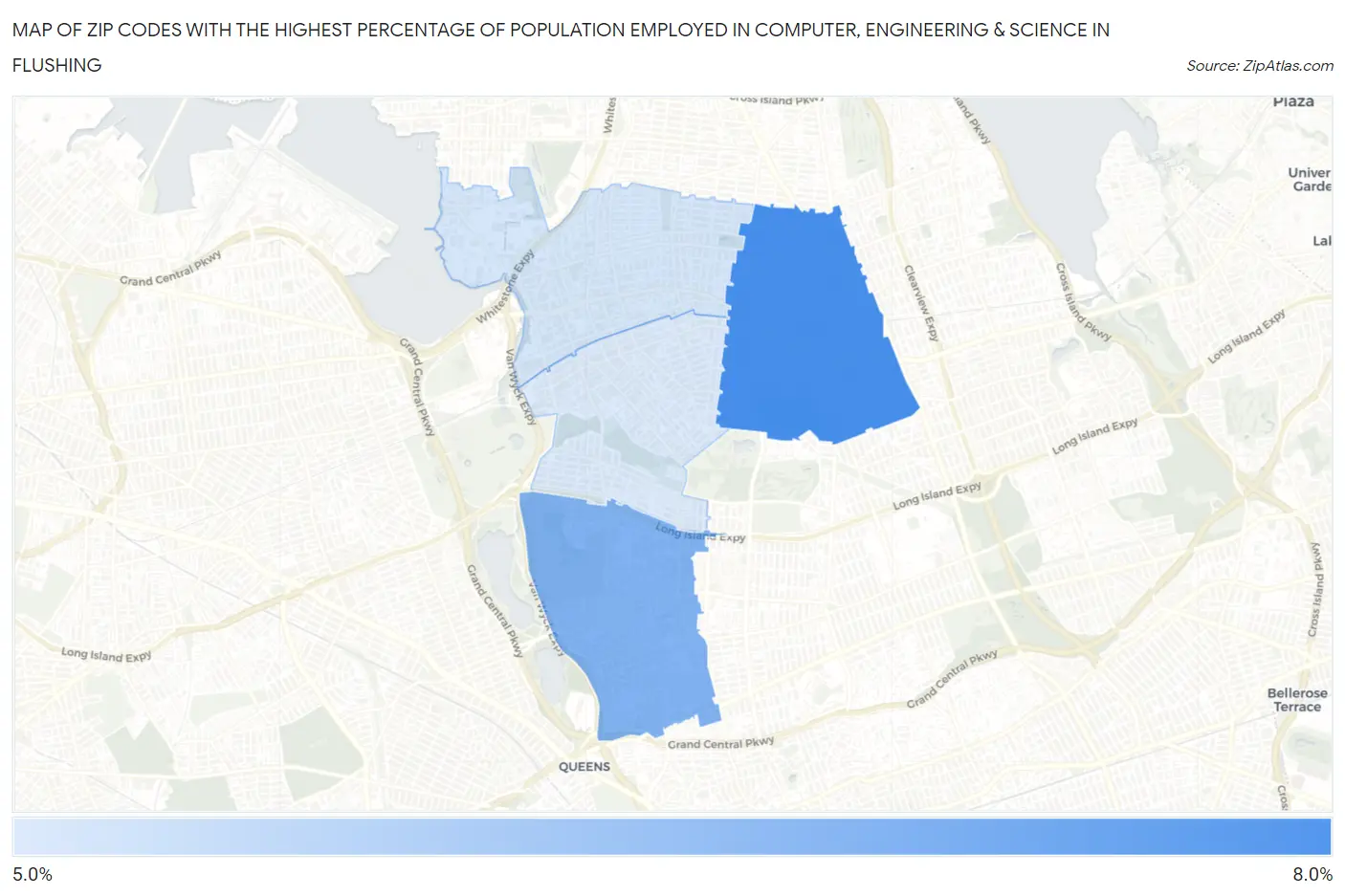 Zip Codes with the Highest Percentage of Population Employed in Computer, Engineering & Science in Flushing Map