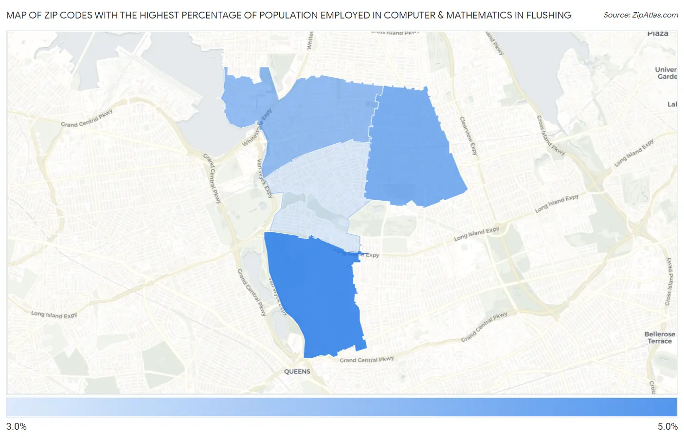 Zip Codes with the Highest Percentage of Population Employed in Computer & Mathematics in Flushing Map