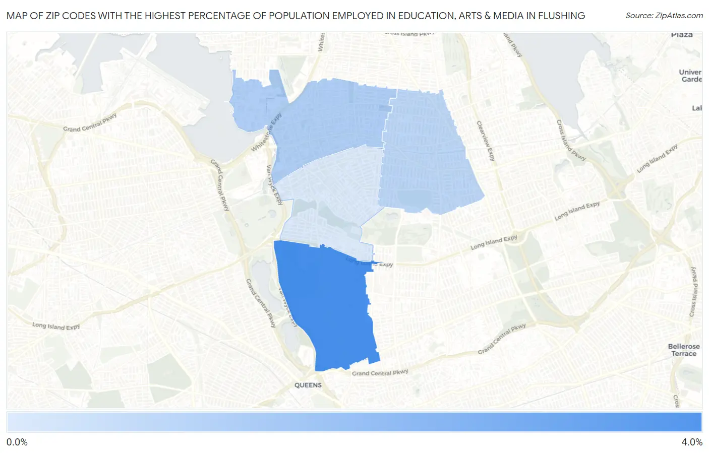 Zip Codes with the Highest Percentage of Population Employed in Education, Arts & Media in Flushing Map