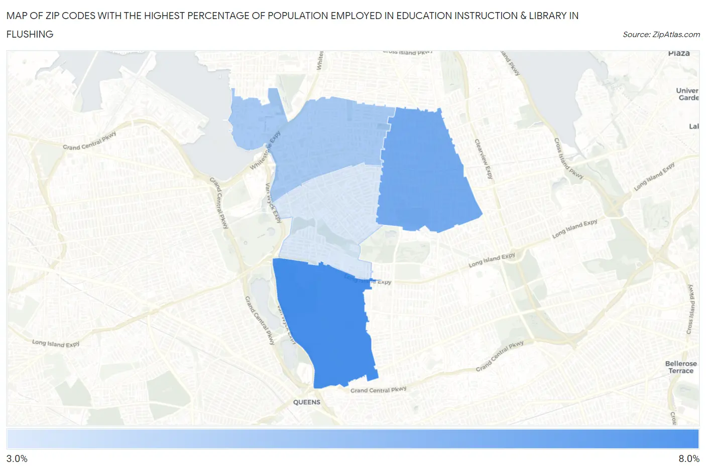 Zip Codes with the Highest Percentage of Population Employed in Education Instruction & Library in Flushing Map