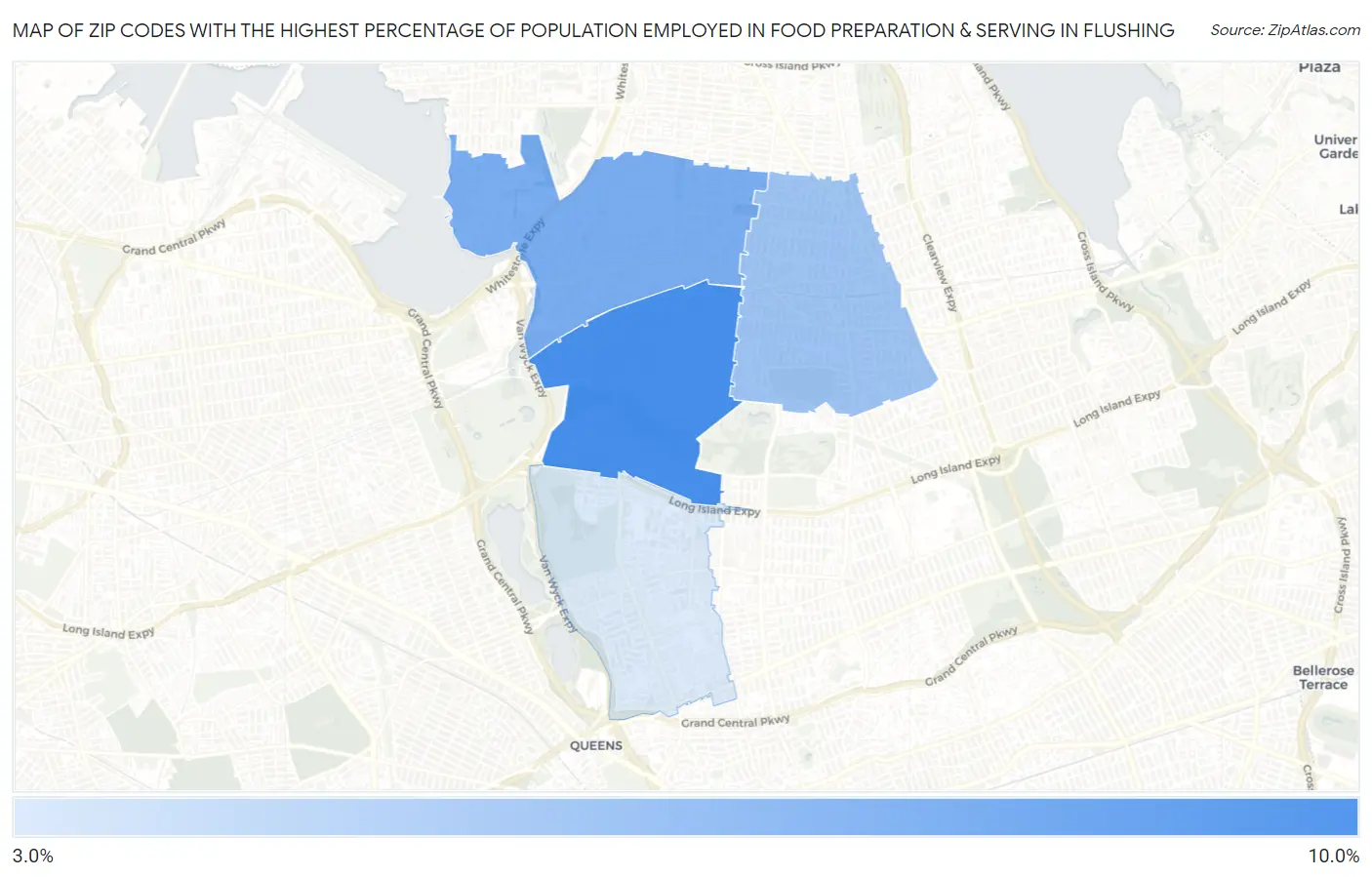 Zip Codes with the Highest Percentage of Population Employed in Food Preparation & Serving in Flushing Map