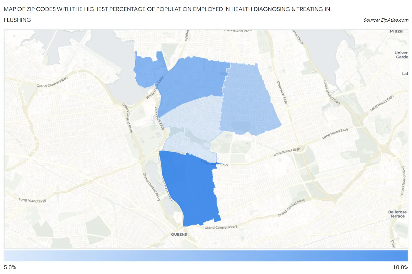 Zip Codes with the Highest Percentage of Population Employed in Health Diagnosing & Treating in Flushing Map