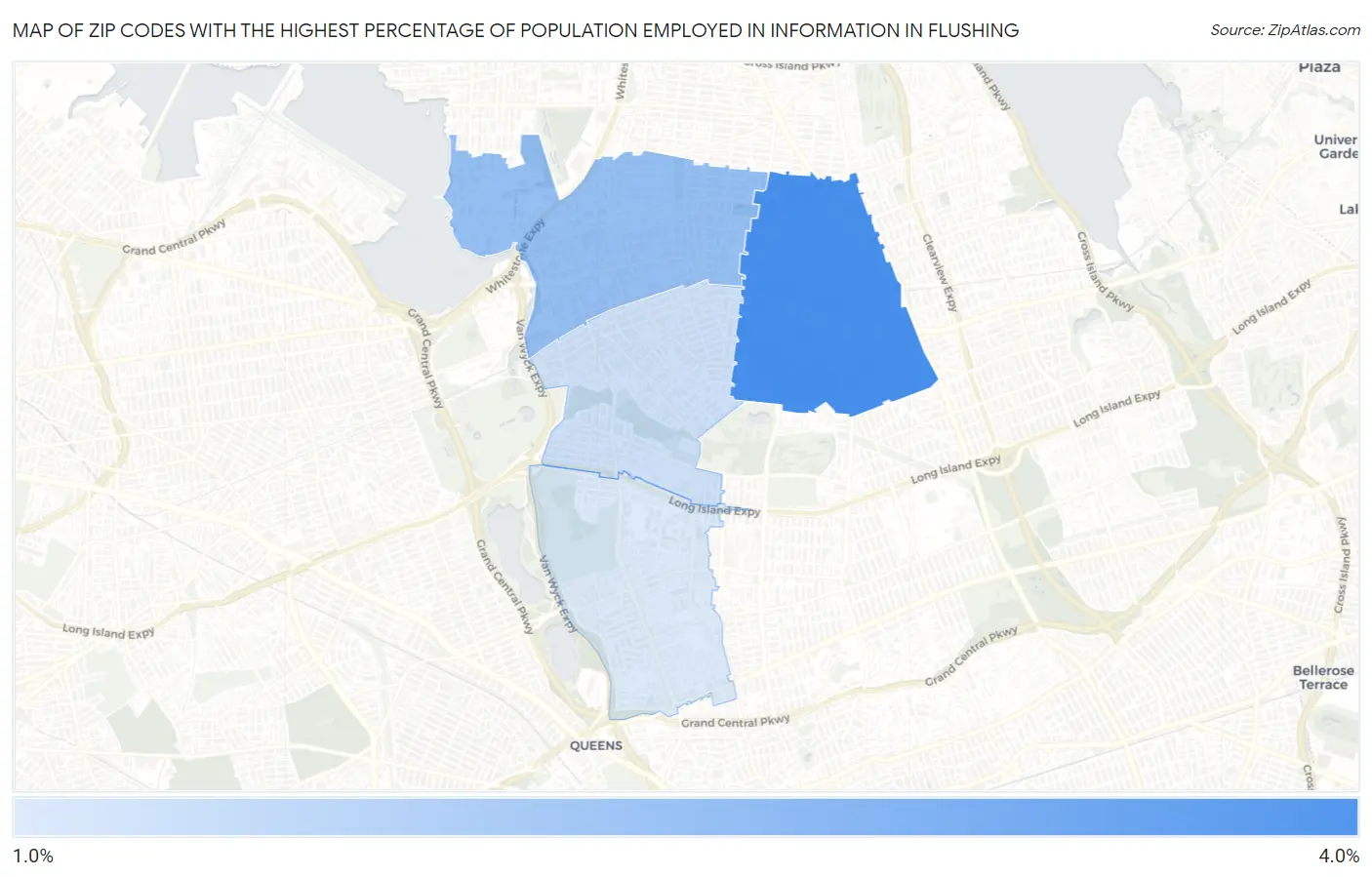 Zip Codes with the Highest Percentage of Population Employed in Information in Flushing Map