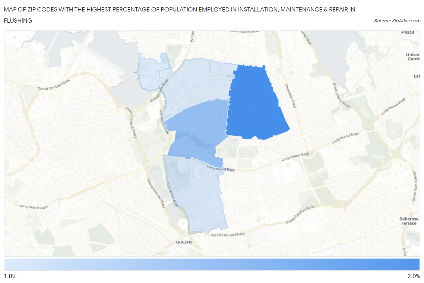 Zip Codes with the Highest Percentage of Population Employed in Installation, Maintenance & Repair in Flushing Map