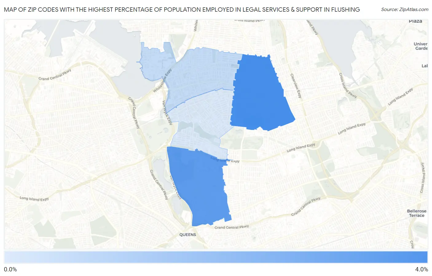 Zip Codes with the Highest Percentage of Population Employed in Legal Services & Support in Flushing Map