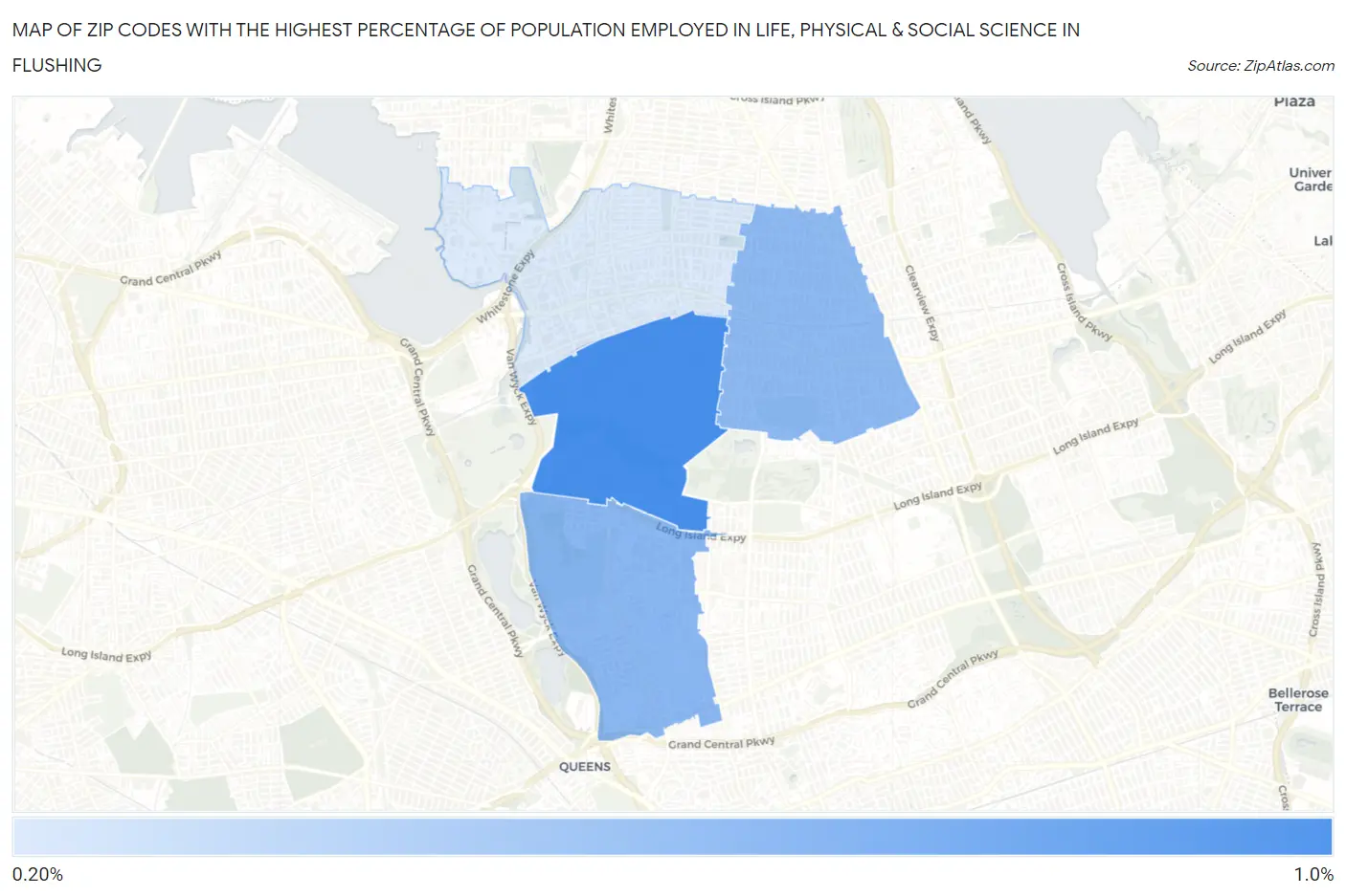Zip Codes with the Highest Percentage of Population Employed in Life, Physical & Social Science in Flushing Map