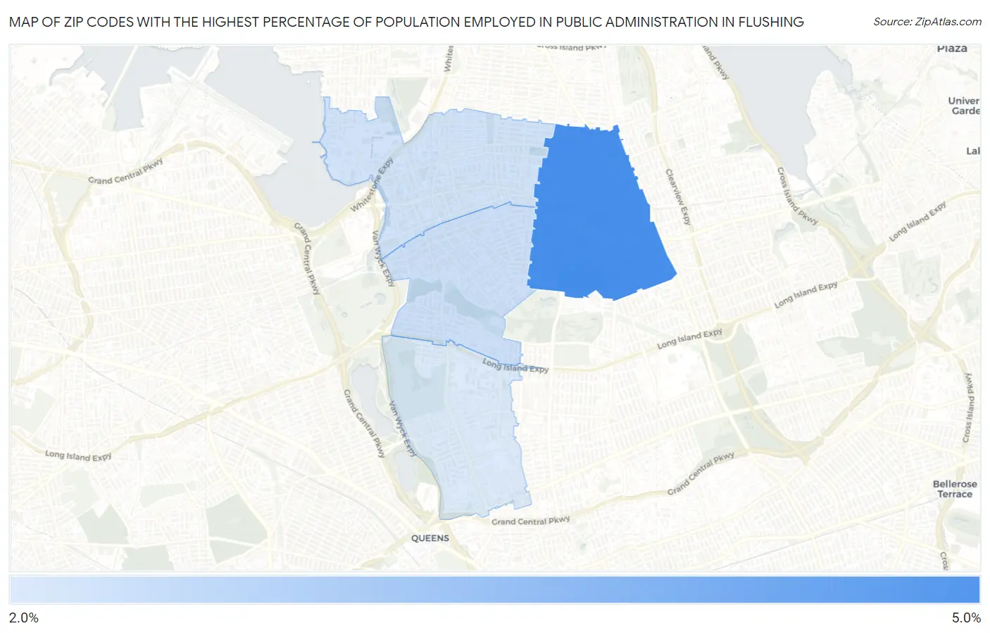 Zip Codes with the Highest Percentage of Population Employed in Public Administration in Flushing Map