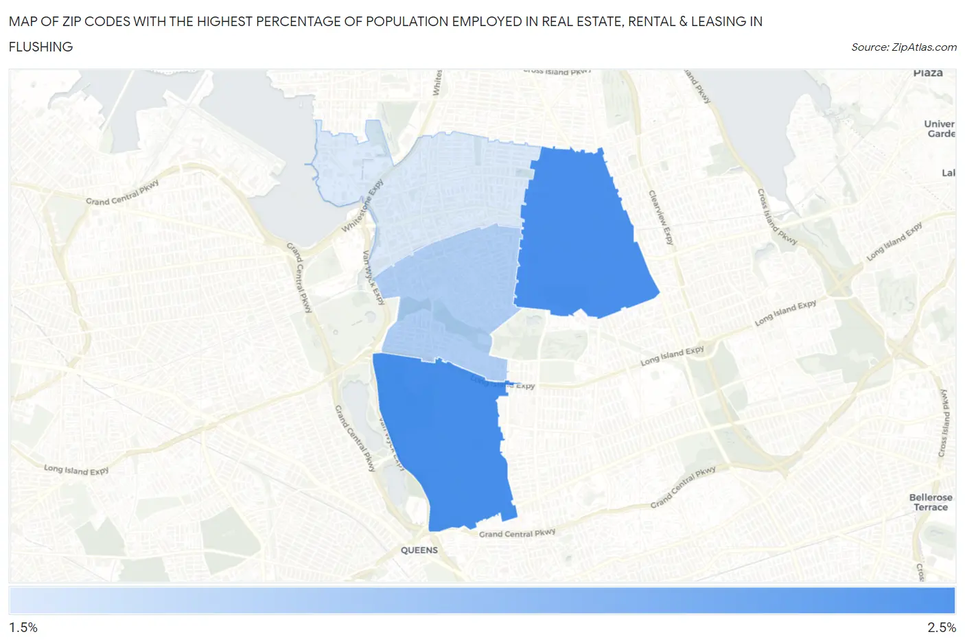 Zip Codes with the Highest Percentage of Population Employed in Real Estate, Rental & Leasing in Flushing Map