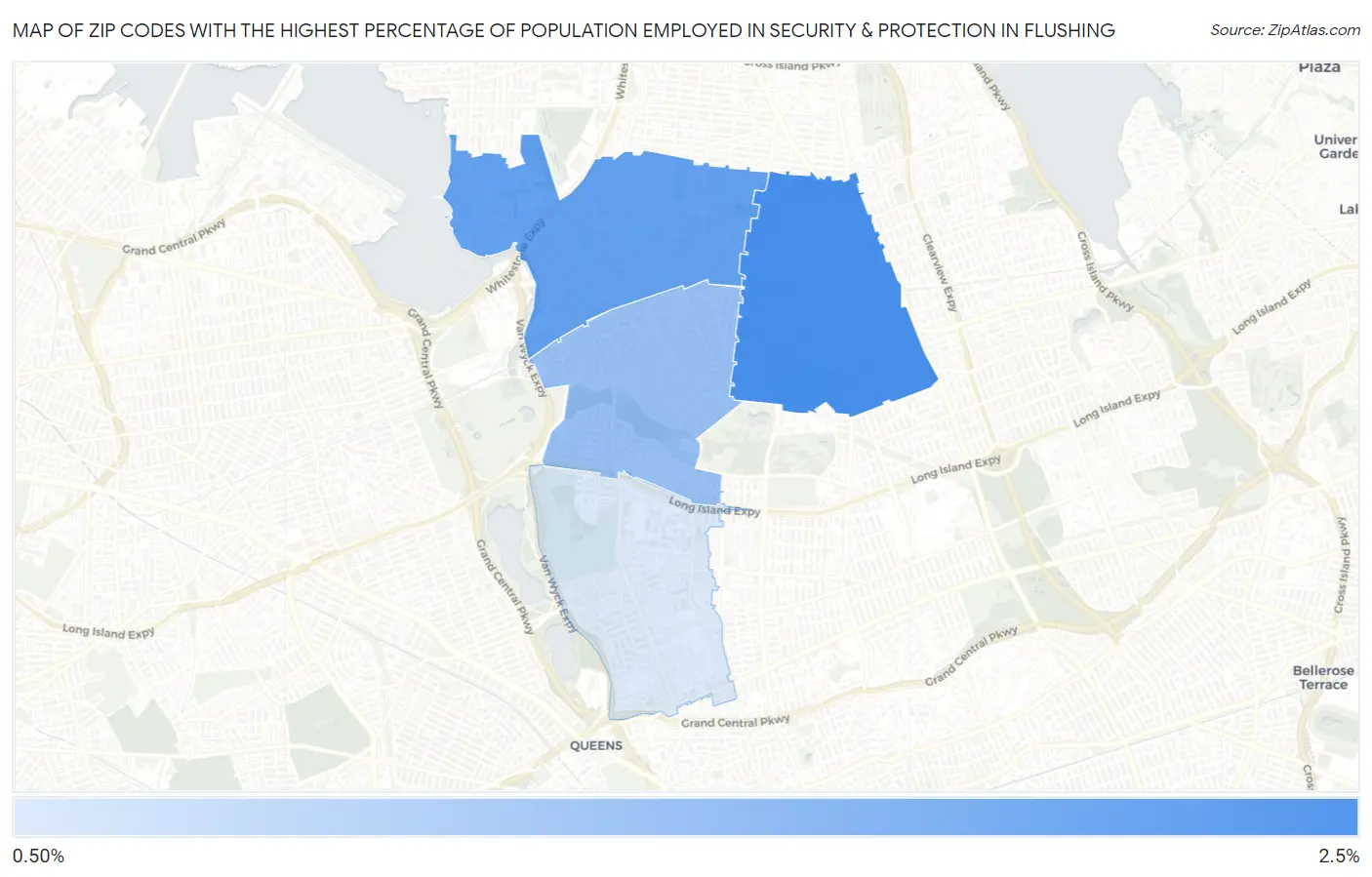 Zip Codes with the Highest Percentage of Population Employed in Security & Protection in Flushing Map