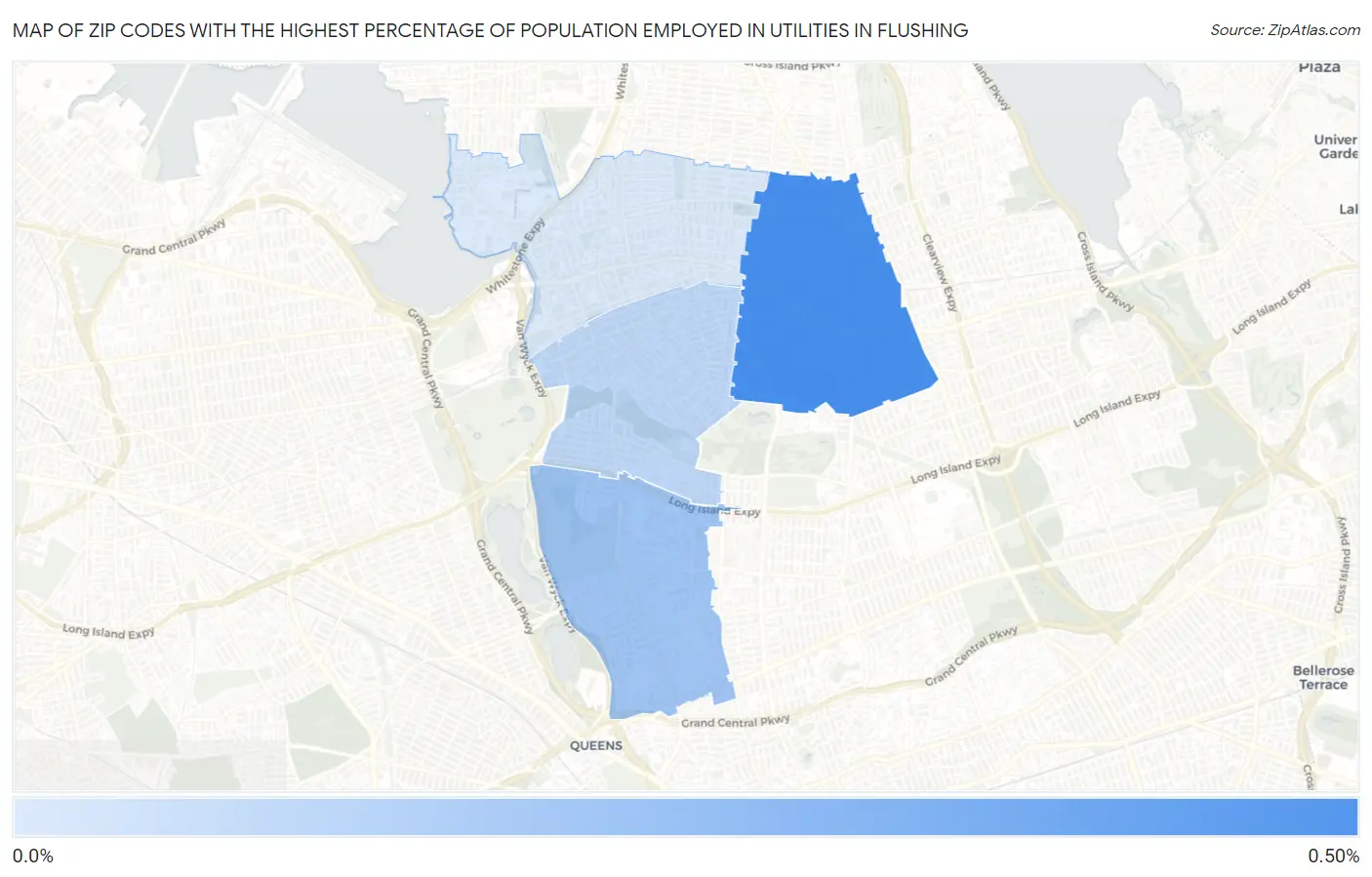 Zip Codes with the Highest Percentage of Population Employed in Utilities in Flushing Map