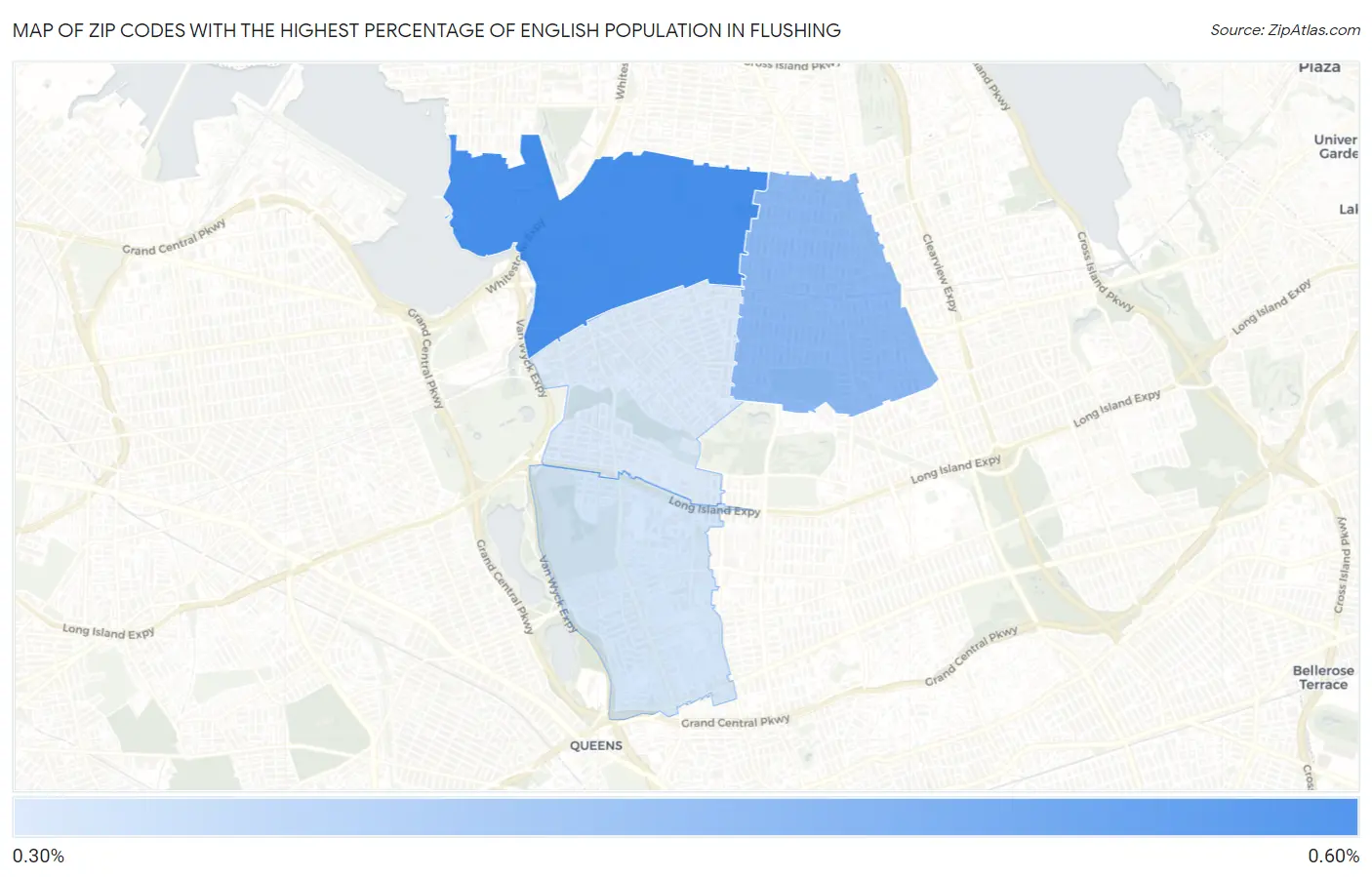 Zip Codes with the Highest Percentage of English Population in Flushing Map