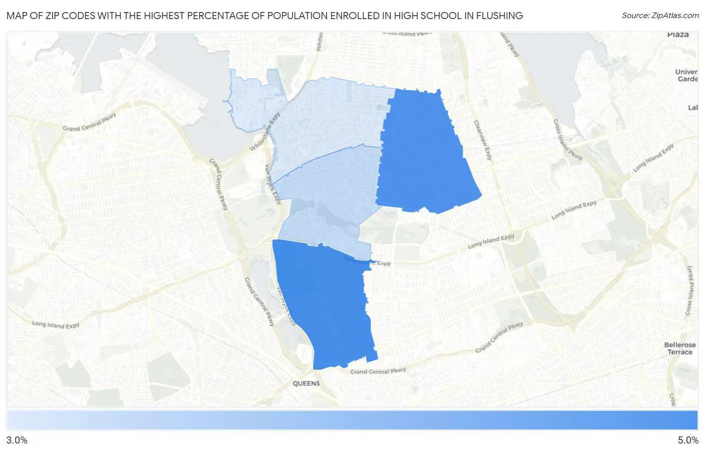 Zip Codes with the Highest Percentage of Population Enrolled in High School in Flushing Map