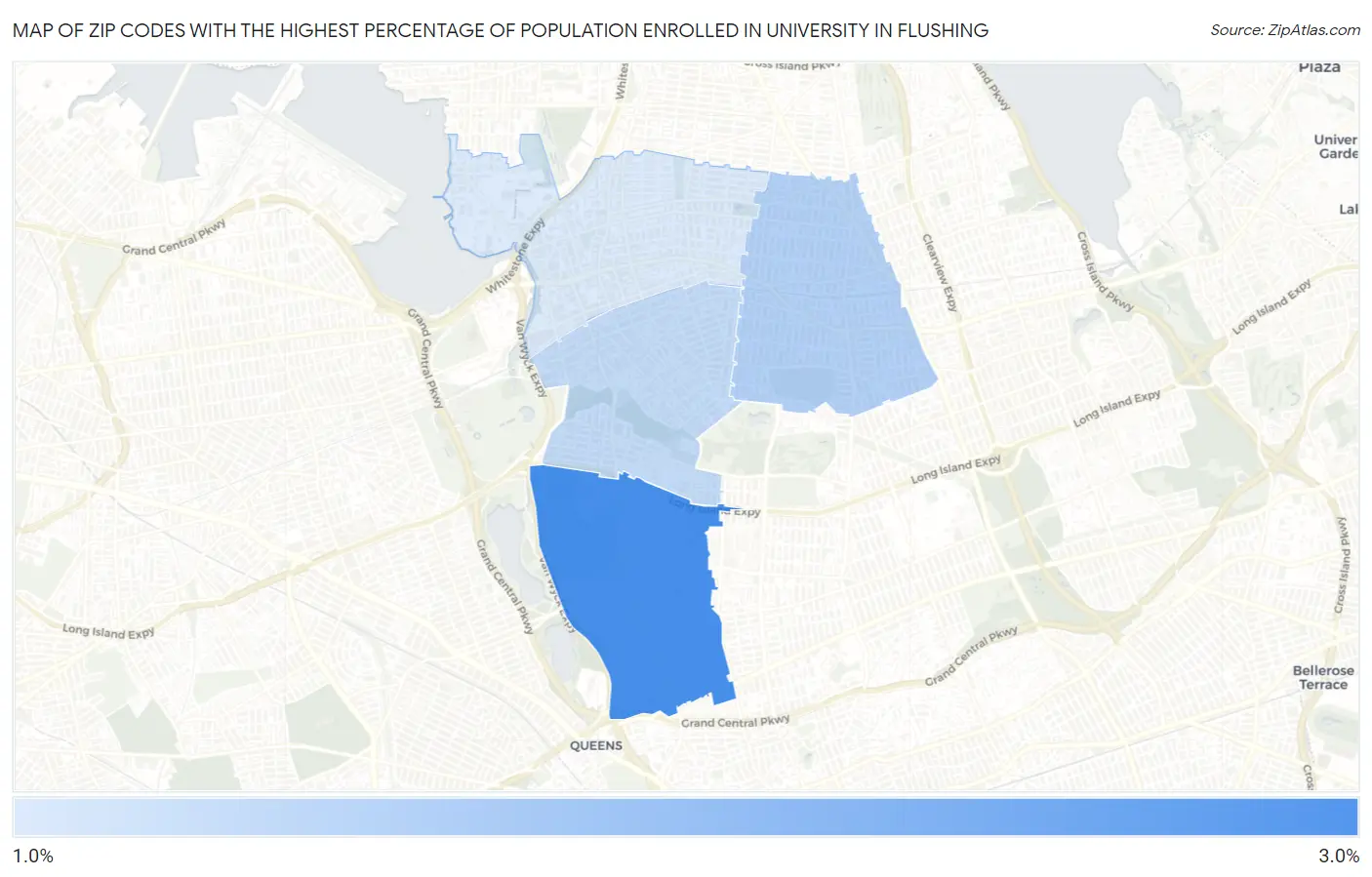 Zip Codes with the Highest Percentage of Population Enrolled in University in Flushing Map