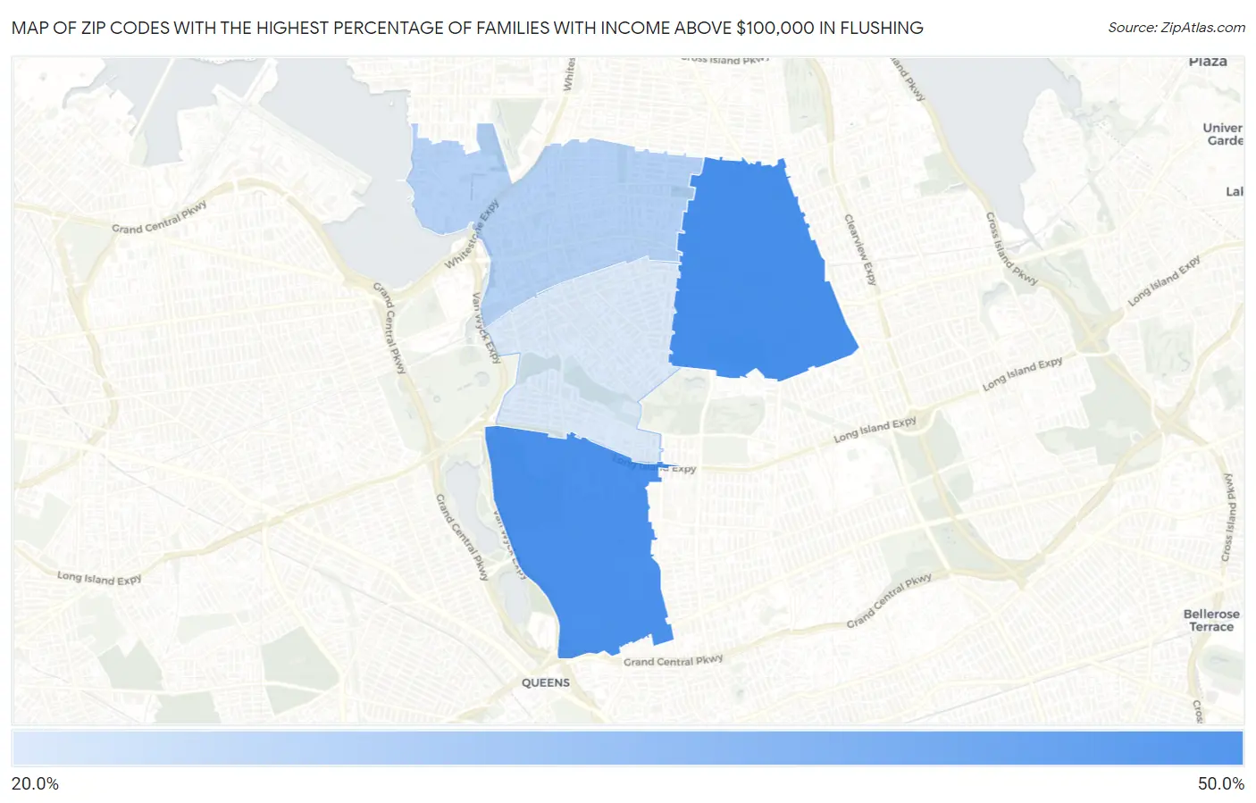 Zip Codes with the Highest Percentage of Families with Income Above $100,000 in Flushing Map