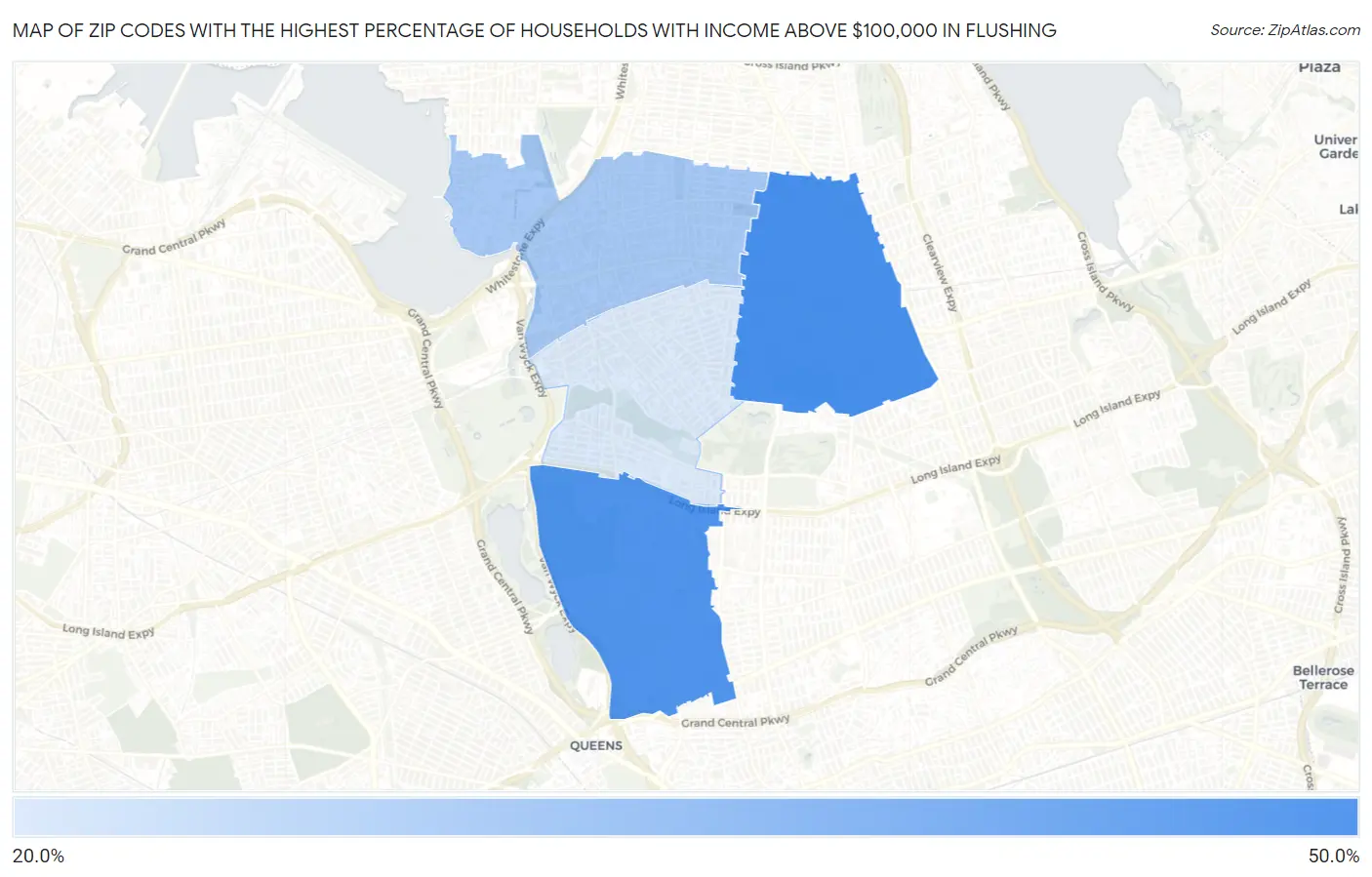Zip Codes with the Highest Percentage of Households with Income Above $100,000 in Flushing Map