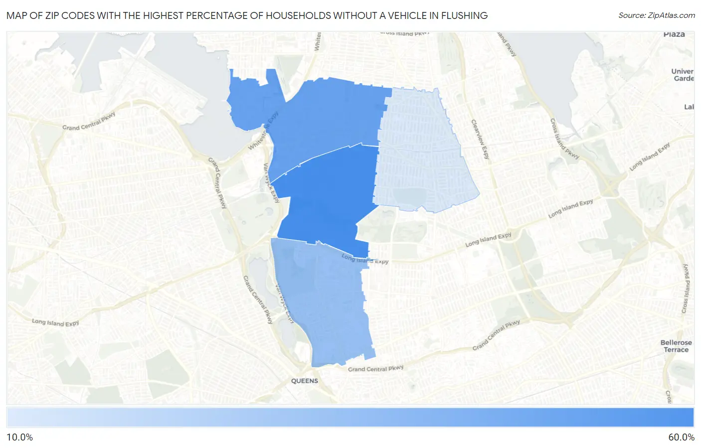 Zip Codes with the Highest Percentage of Households Without a Vehicle in Flushing Map