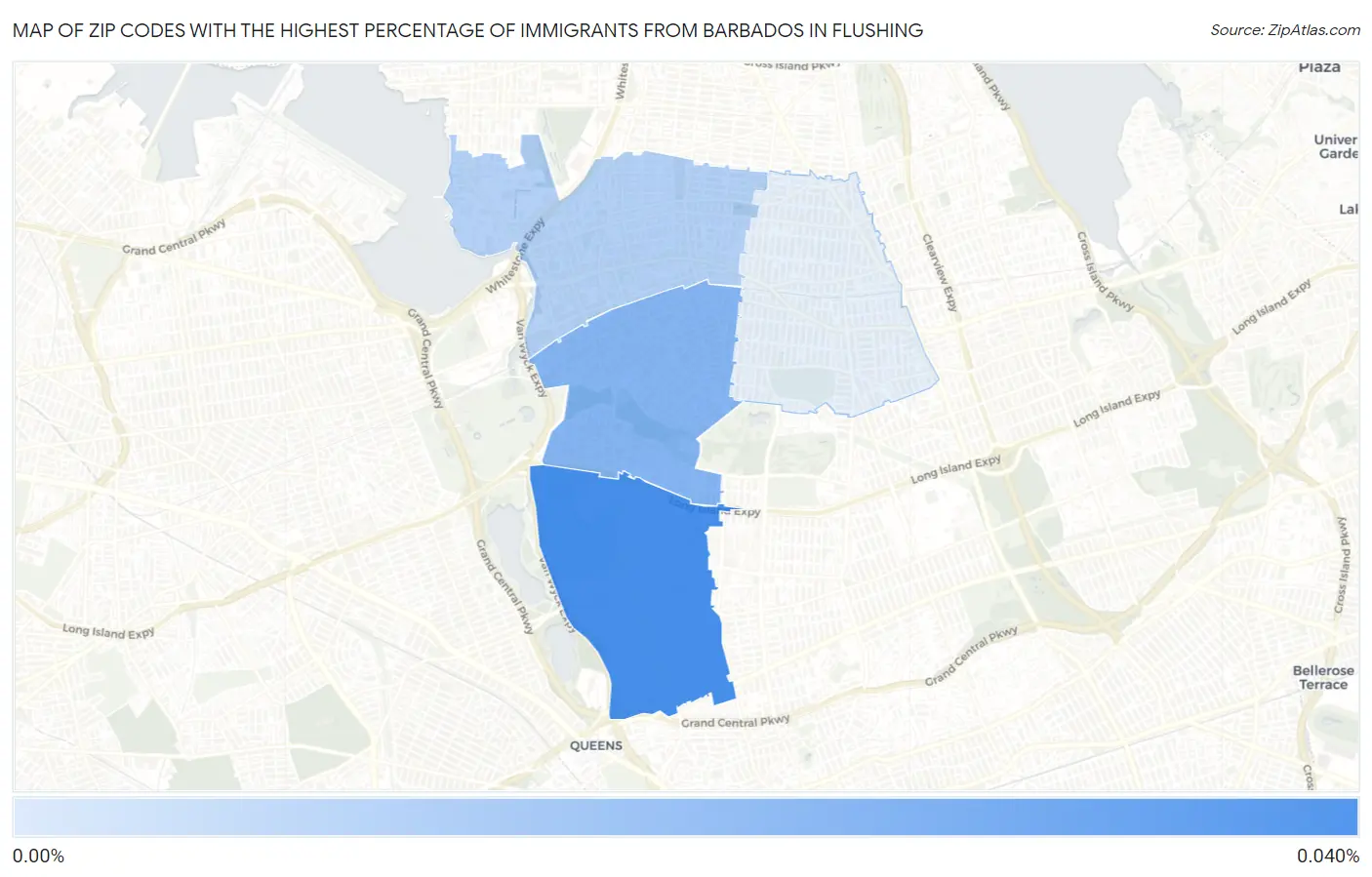 Zip Codes with the Highest Percentage of Immigrants from Barbados in Flushing Map