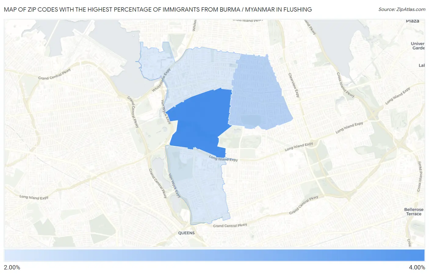 Zip Codes with the Highest Percentage of Immigrants from Burma / Myanmar in Flushing Map