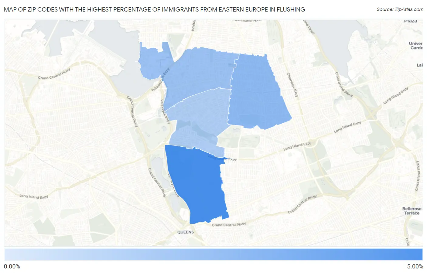 Zip Codes with the Highest Percentage of Immigrants from Eastern Europe in Flushing Map