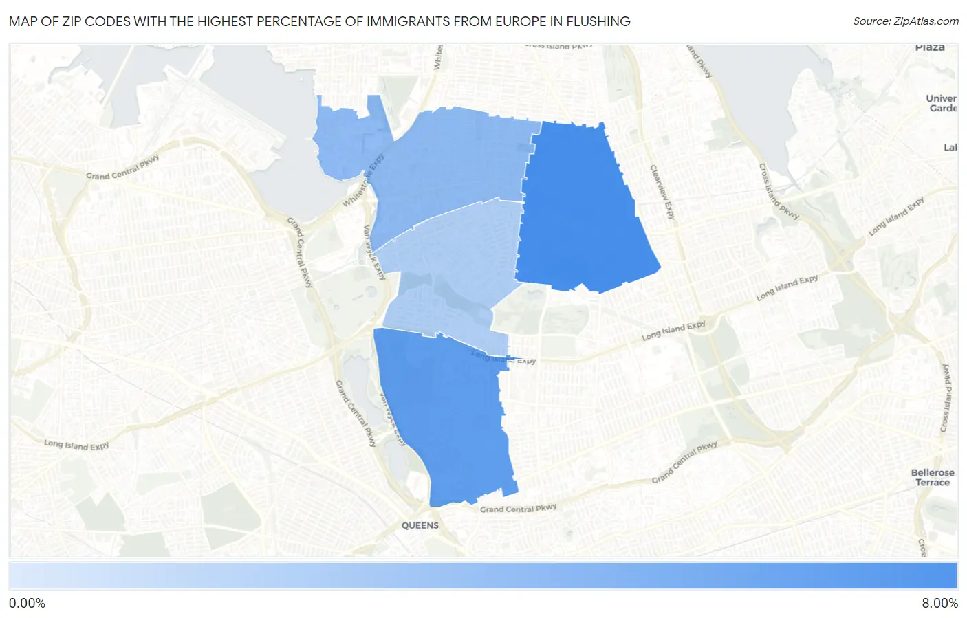 Zip Codes with the Highest Percentage of Immigrants from Europe in Flushing Map