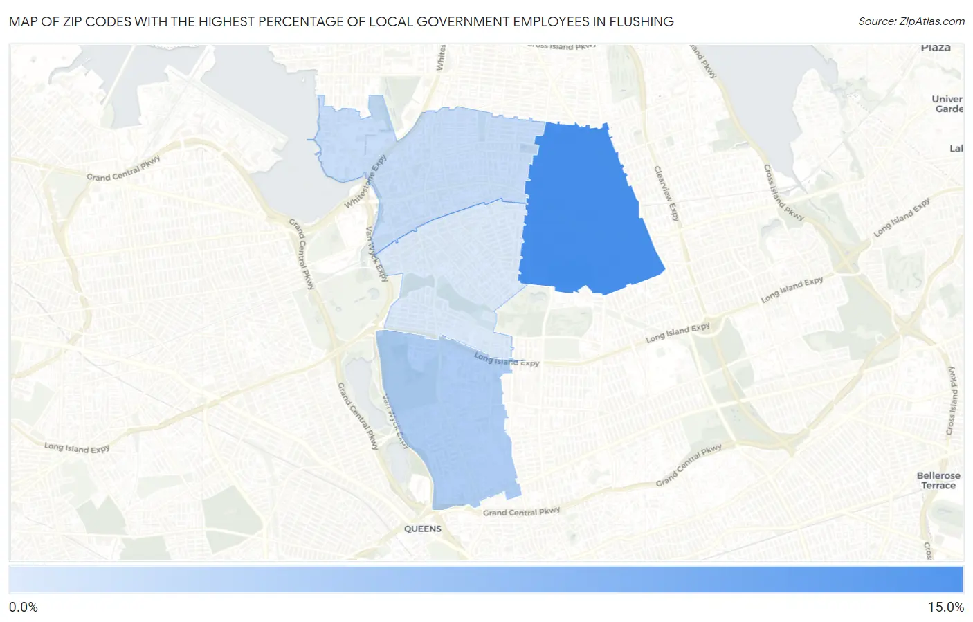 Zip Codes with the Highest Percentage of Local Government Employees in Flushing Map