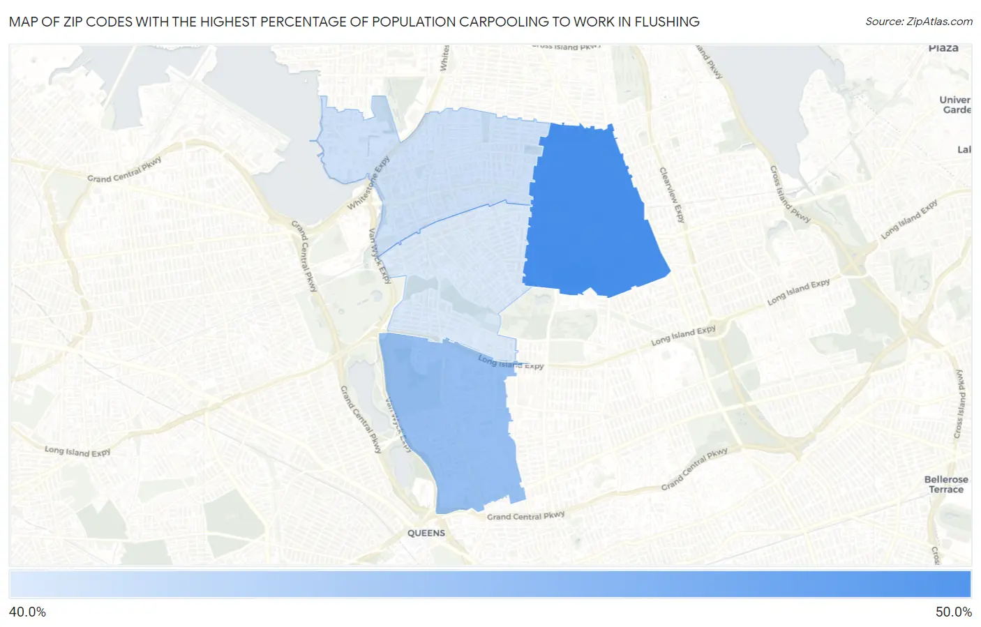 Zip Codes with the Highest Percentage of Population Carpooling to Work in Flushing Map