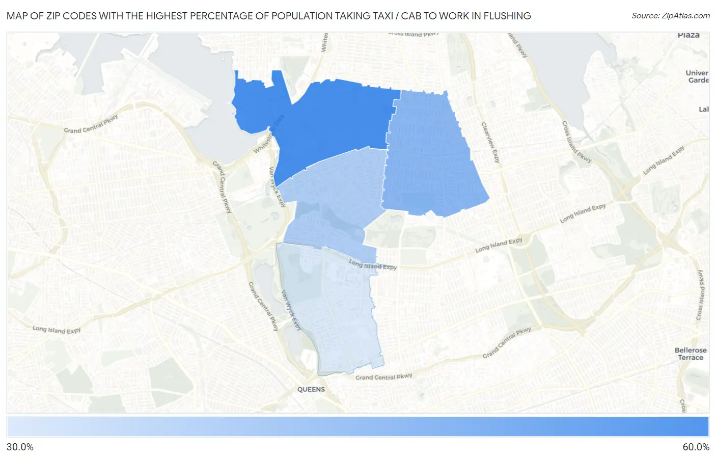 Zip Codes with the Highest Percentage of Population Taking Taxi / Cab to Work in Flushing Map
