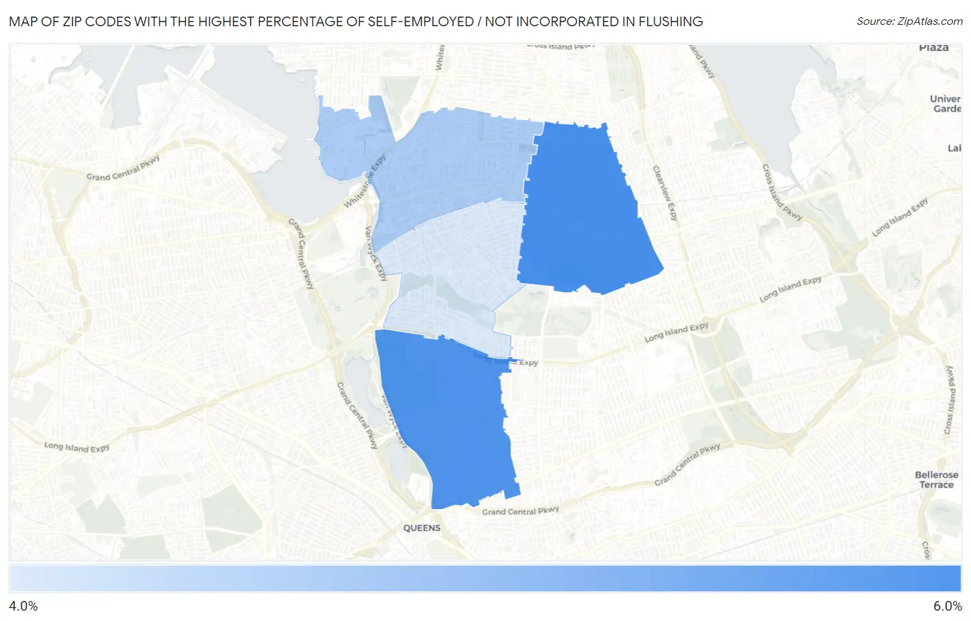 Zip Codes with the Highest Percentage of Self-Employed / Not Incorporated in Flushing Map
