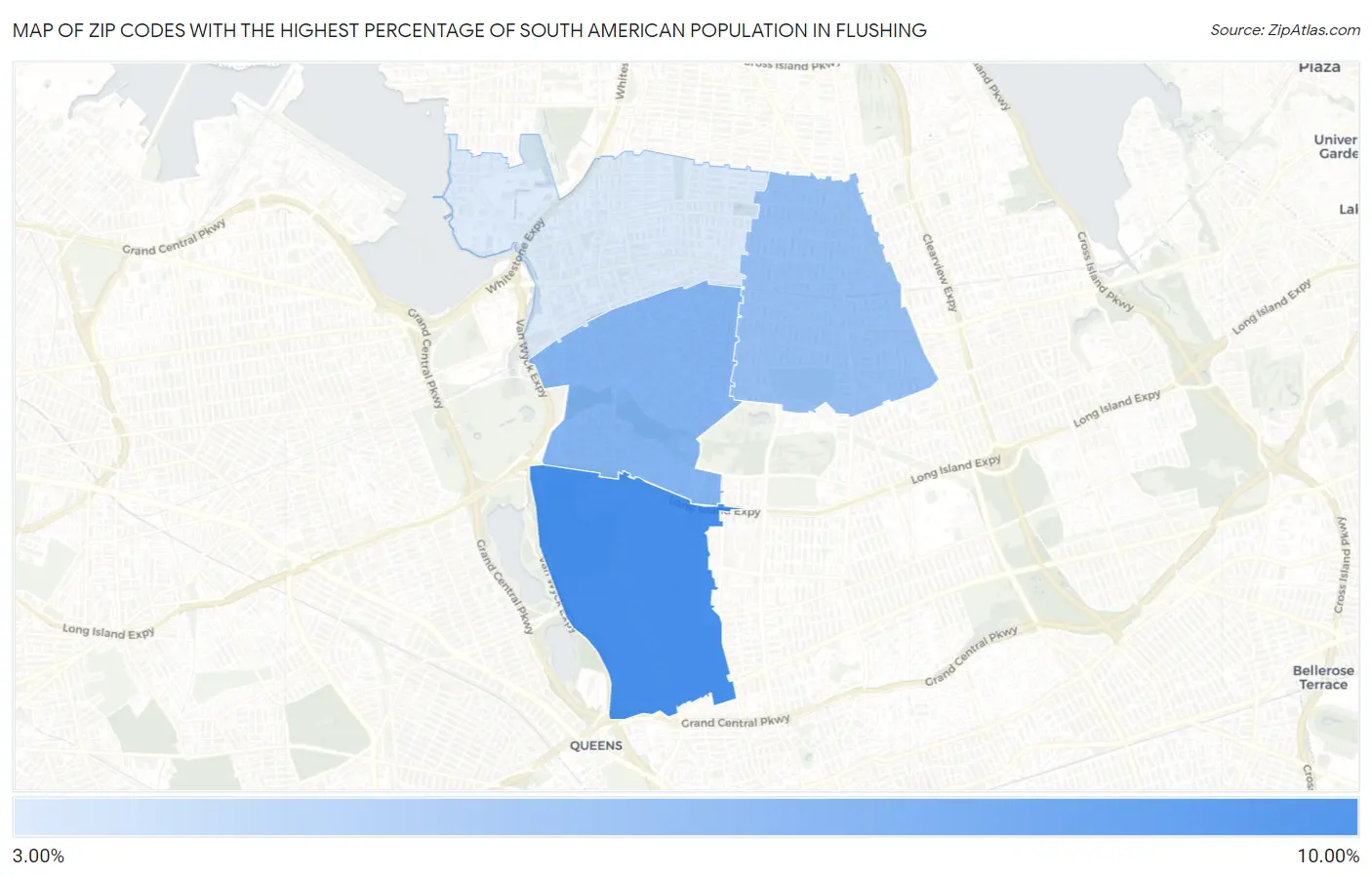 Zip Codes with the Highest Percentage of South American Population in Flushing Map