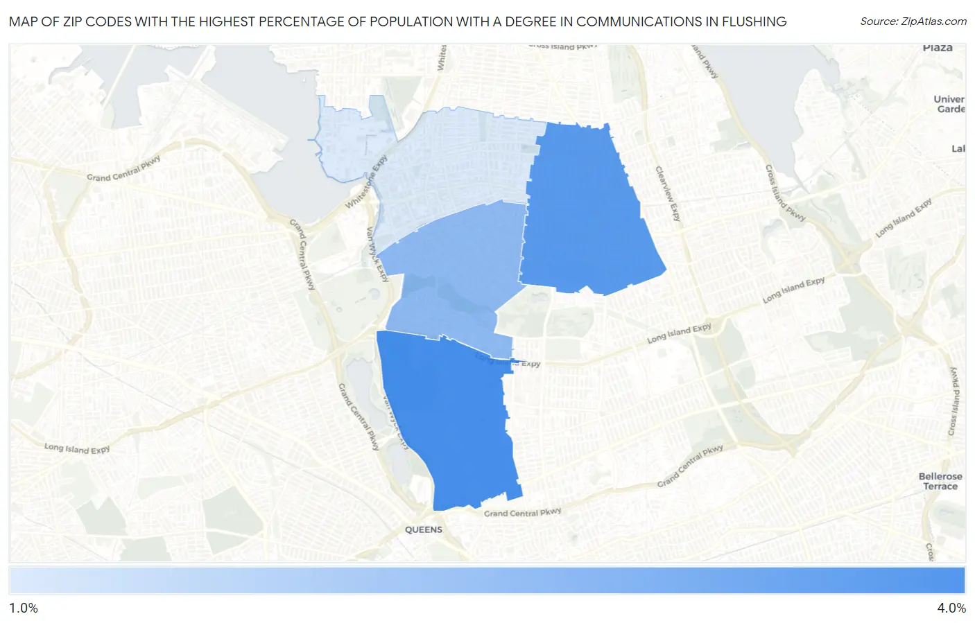 Zip Codes with the Highest Percentage of Population with a Degree in Communications in Flushing Map