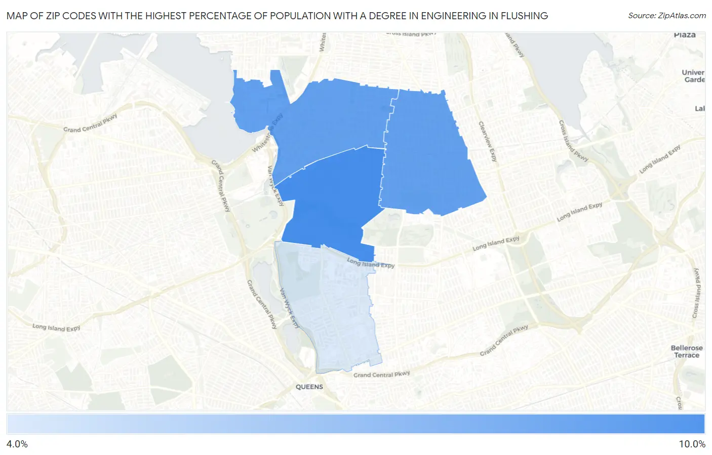 Zip Codes with the Highest Percentage of Population with a Degree in Engineering in Flushing Map