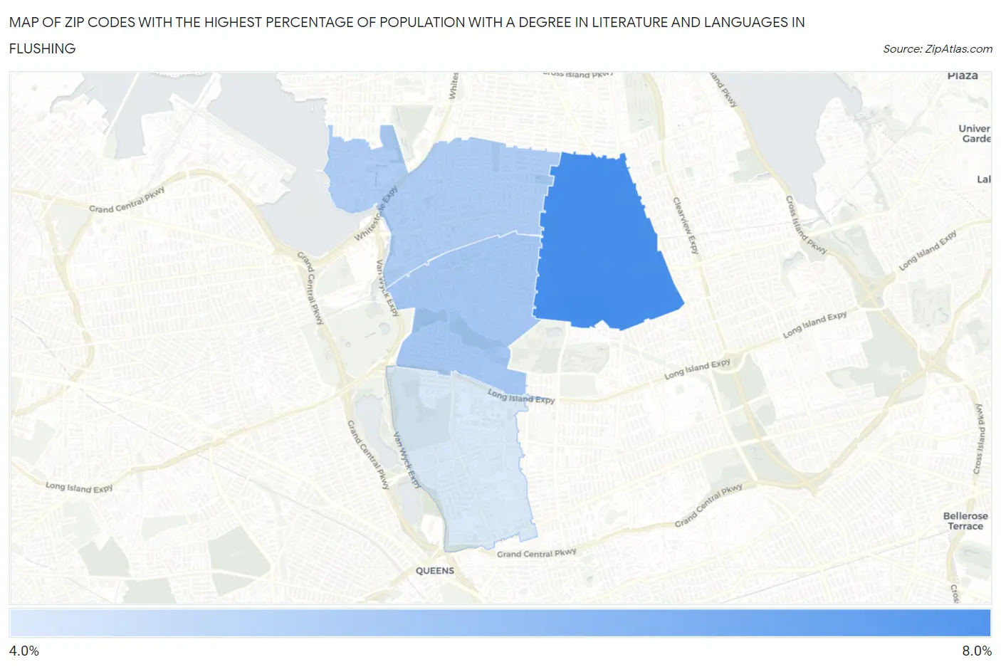 Zip Codes with the Highest Percentage of Population with a Degree in Literature and Languages in Flushing Map