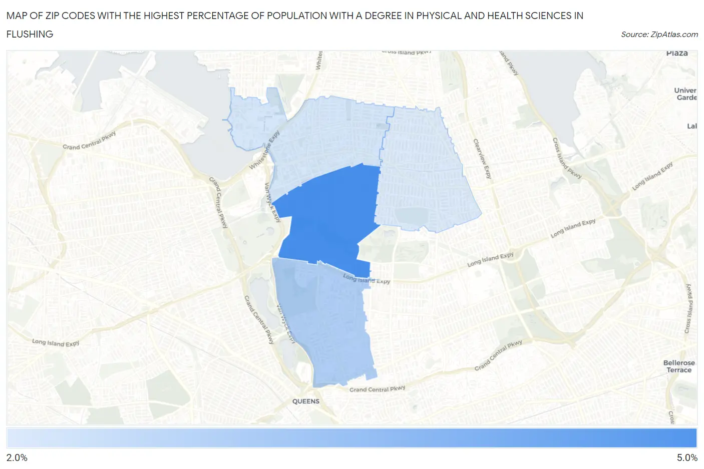 Zip Codes with the Highest Percentage of Population with a Degree in Physical and Health Sciences in Flushing Map