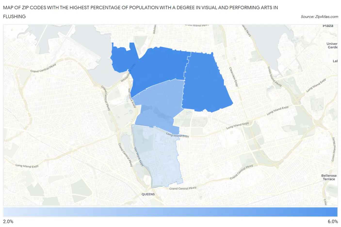 Zip Codes with the Highest Percentage of Population with a Degree in Visual and Performing Arts in Flushing Map