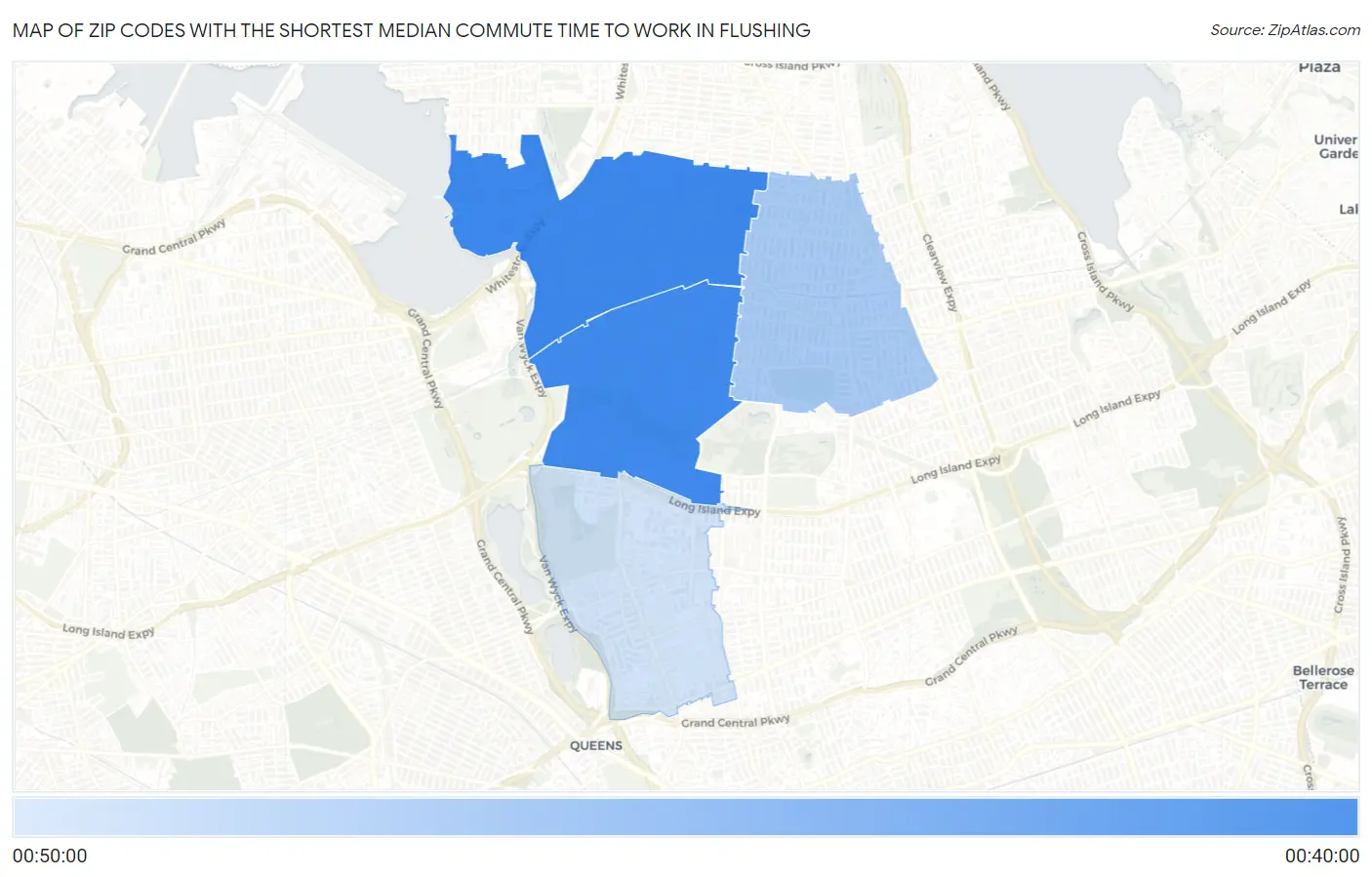 Zip Codes with the Shortest Median Commute Time to Work in Flushing Map