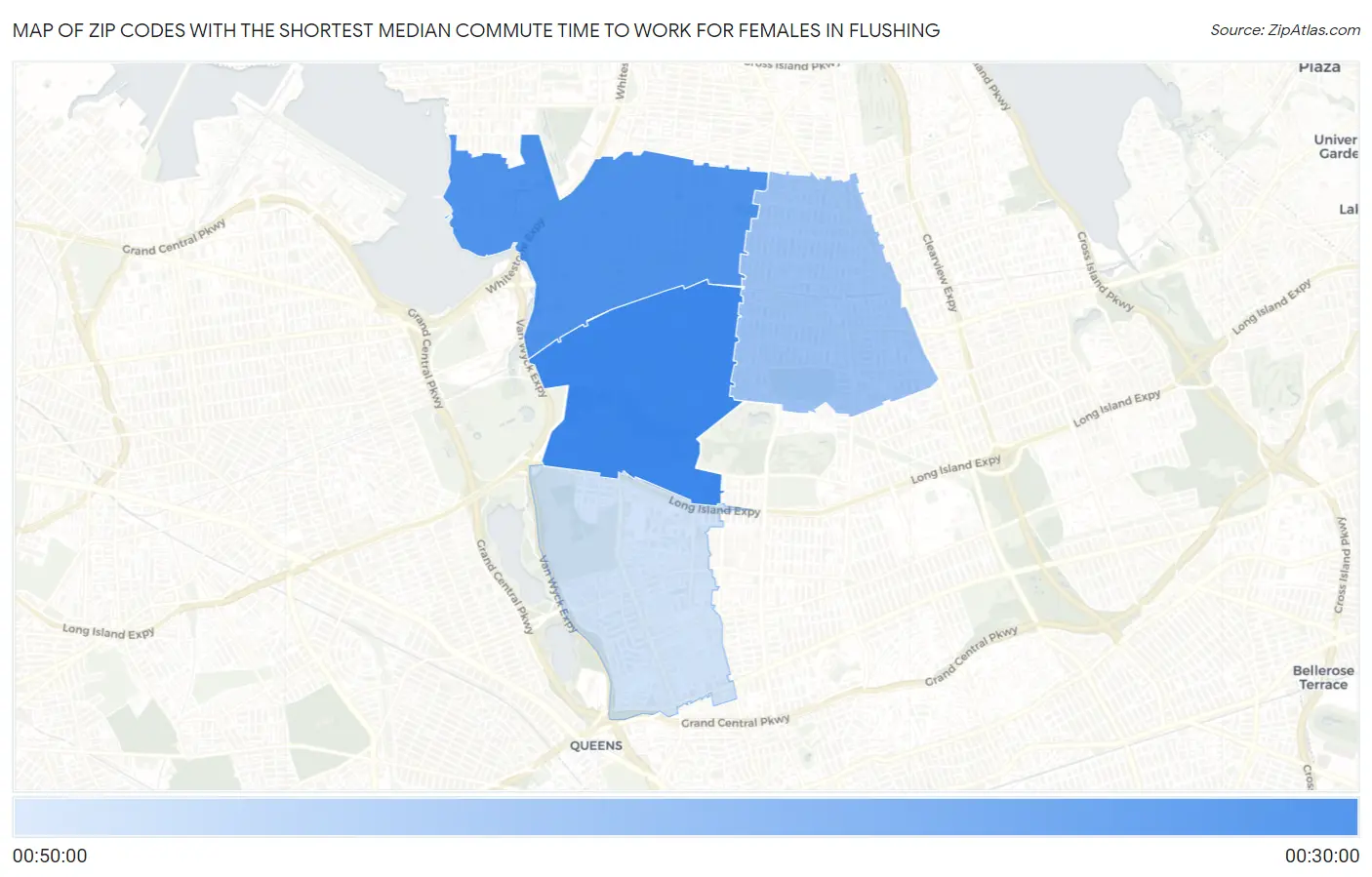 Zip Codes with the Shortest Median Commute Time to Work for Females in Flushing Map