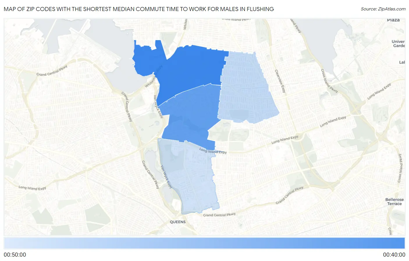 Zip Codes with the Shortest Median Commute Time to Work for Males in Flushing Map