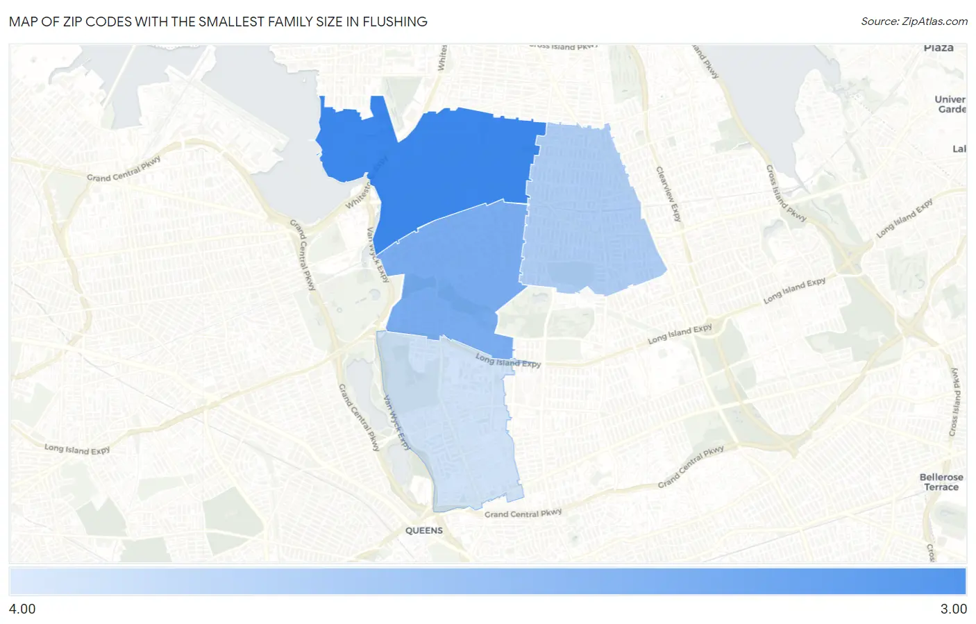 Zip Codes with the Smallest Family Size in Flushing Map