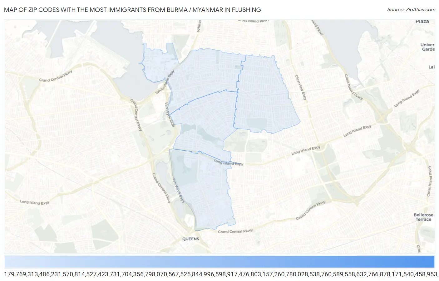 Zip Codes with the Most Immigrants from Burma / Myanmar in Flushing Map