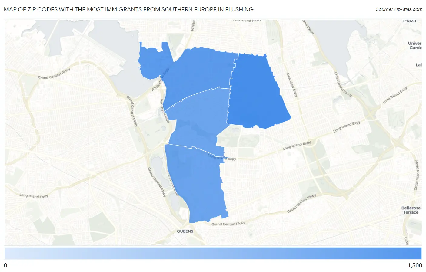 Zip Codes with the Most Immigrants from Southern Europe in Flushing Map