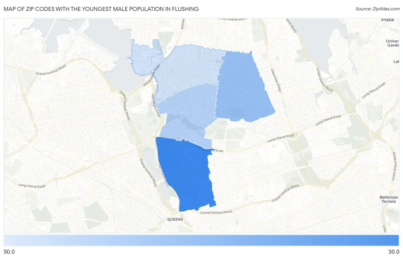 Zip Codes with the Youngest Male Population in Flushing Map