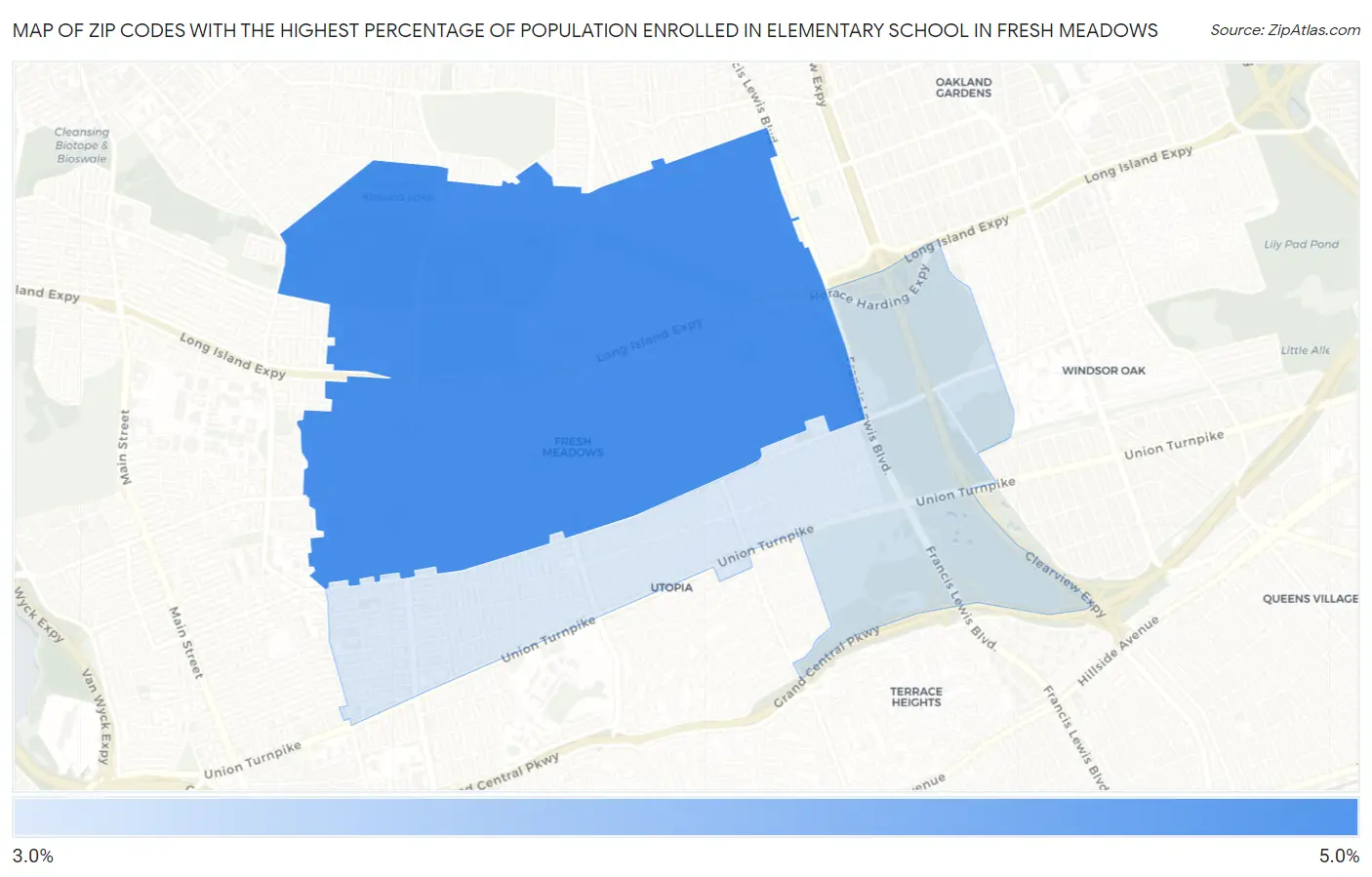 Zip Codes with the Highest Percentage of Population Enrolled in Elementary School in Fresh Meadows Map