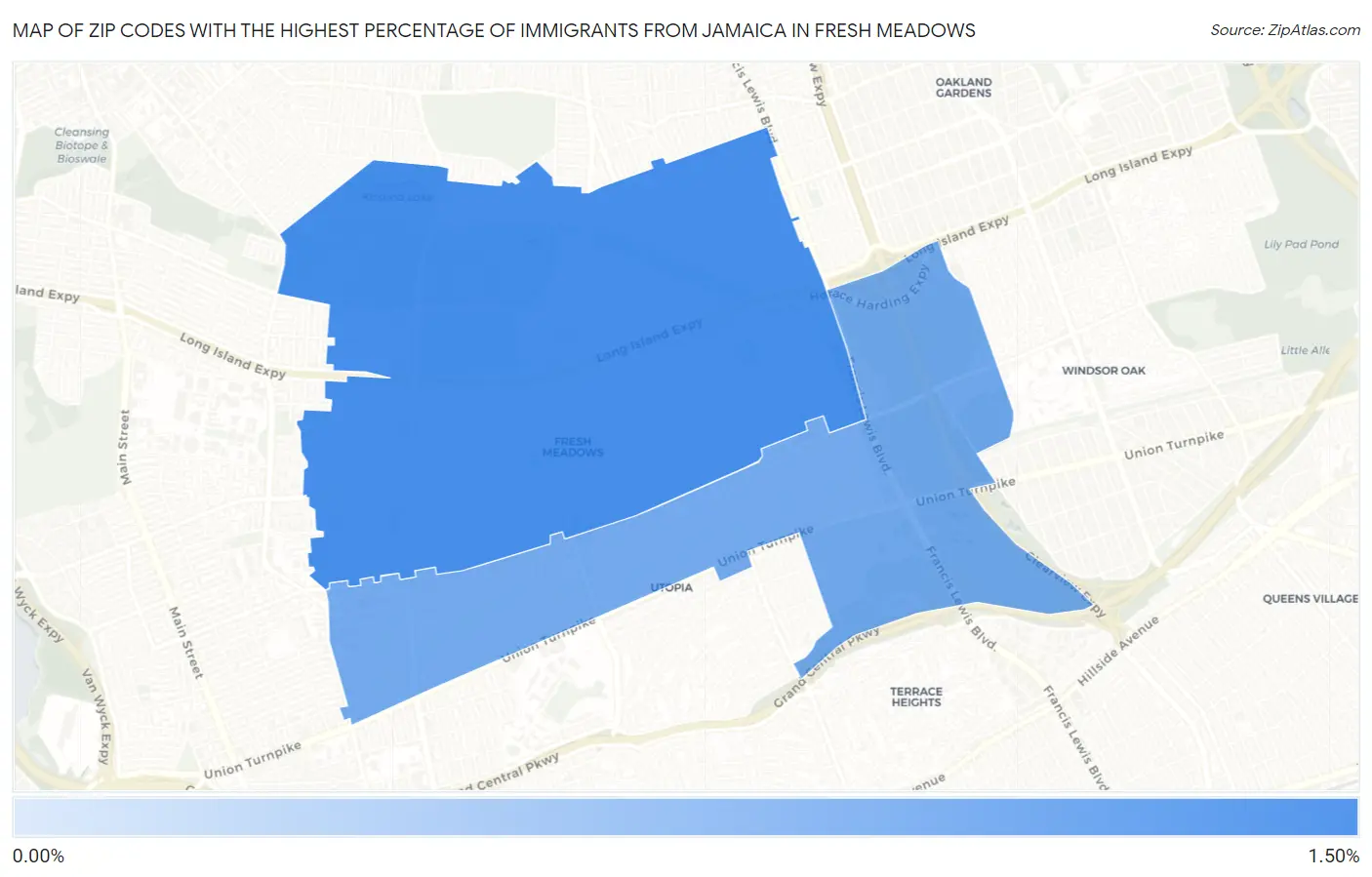 Zip Codes with the Highest Percentage of Immigrants from Jamaica in Fresh Meadows Map