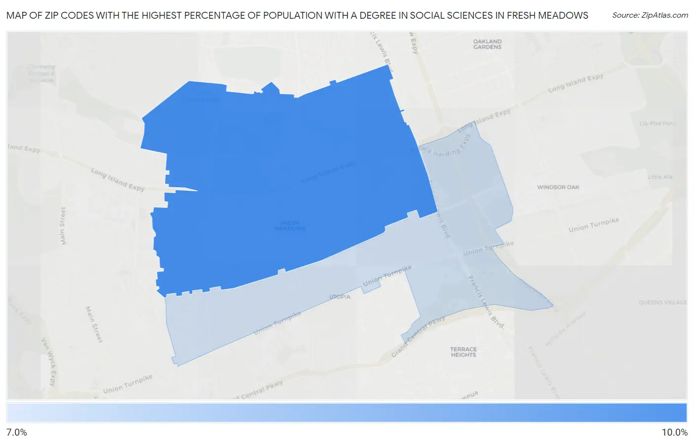 Zip Codes with the Highest Percentage of Population with a Degree in Social Sciences in Fresh Meadows Map