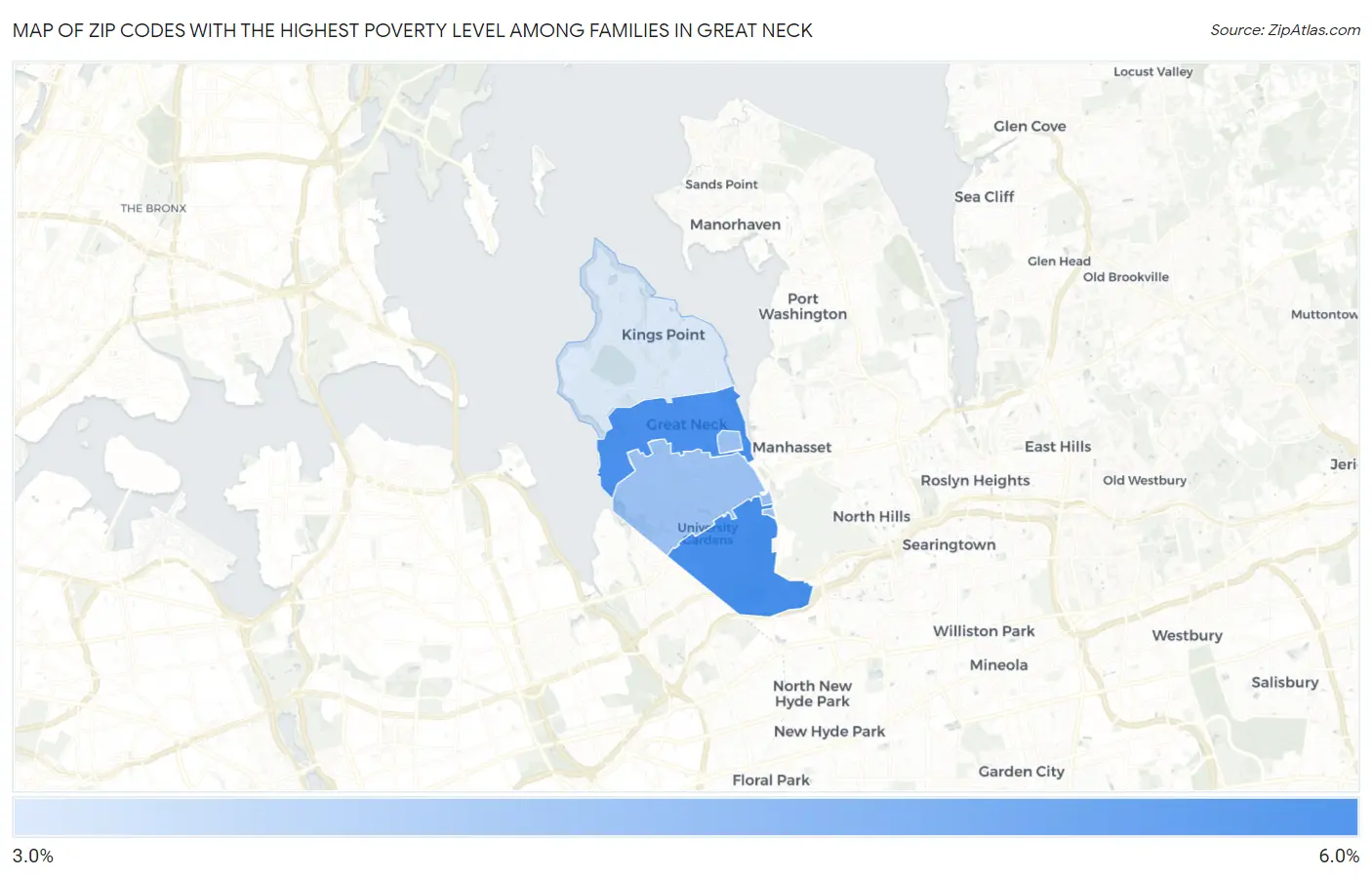 Zip Codes with the Highest Poverty Level Among Families in Great Neck Map