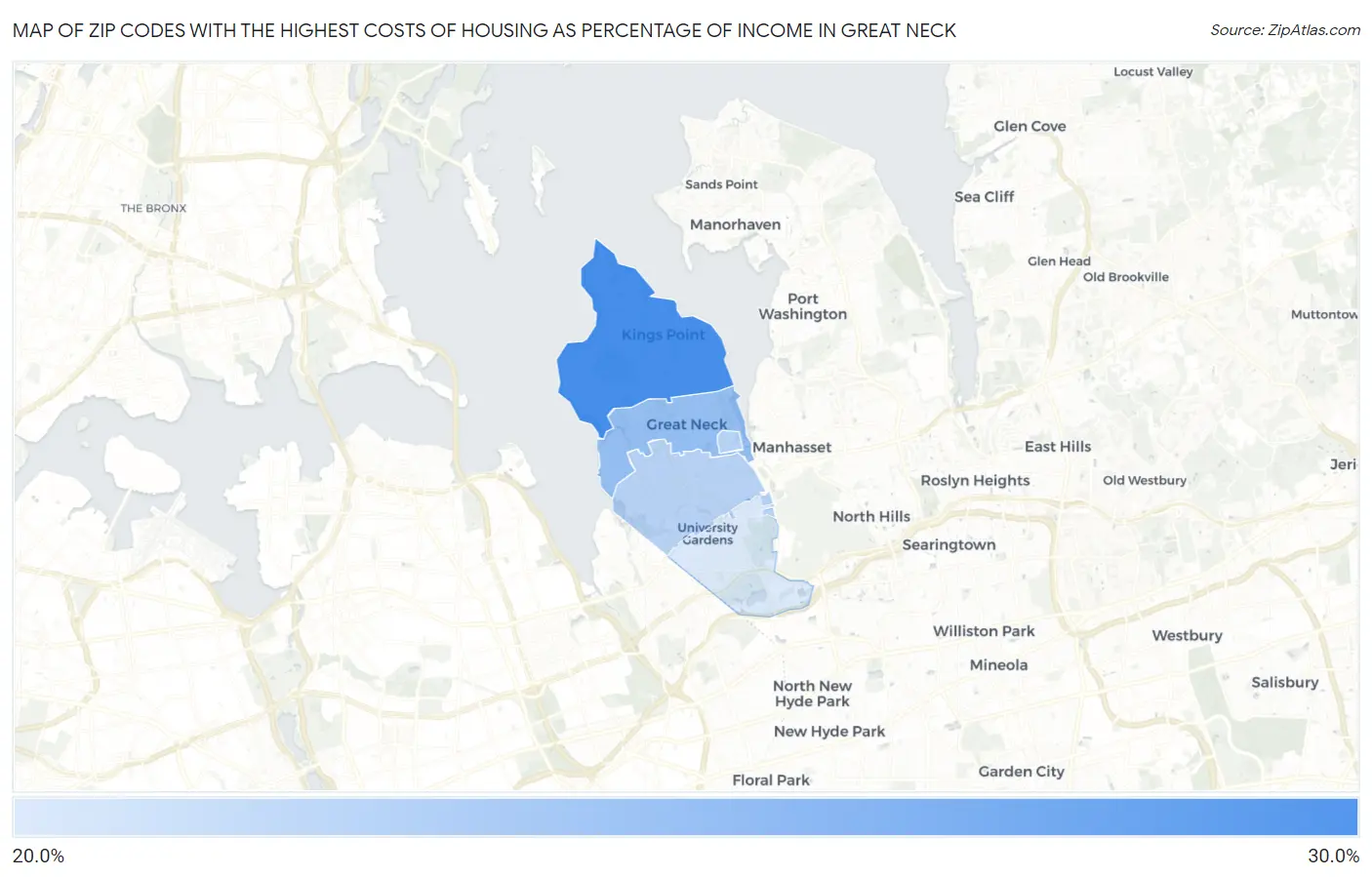 Zip Codes with the Highest Costs of Housing as Percentage of Income in Great Neck Map